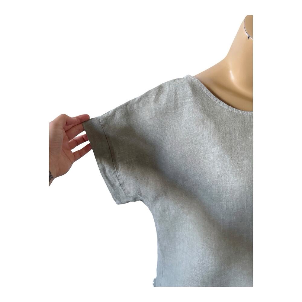 Terzo Millennio Olive Linen Tunic Top Short Sleeve Size Medium Back Button Italy - Picture 6 of 8